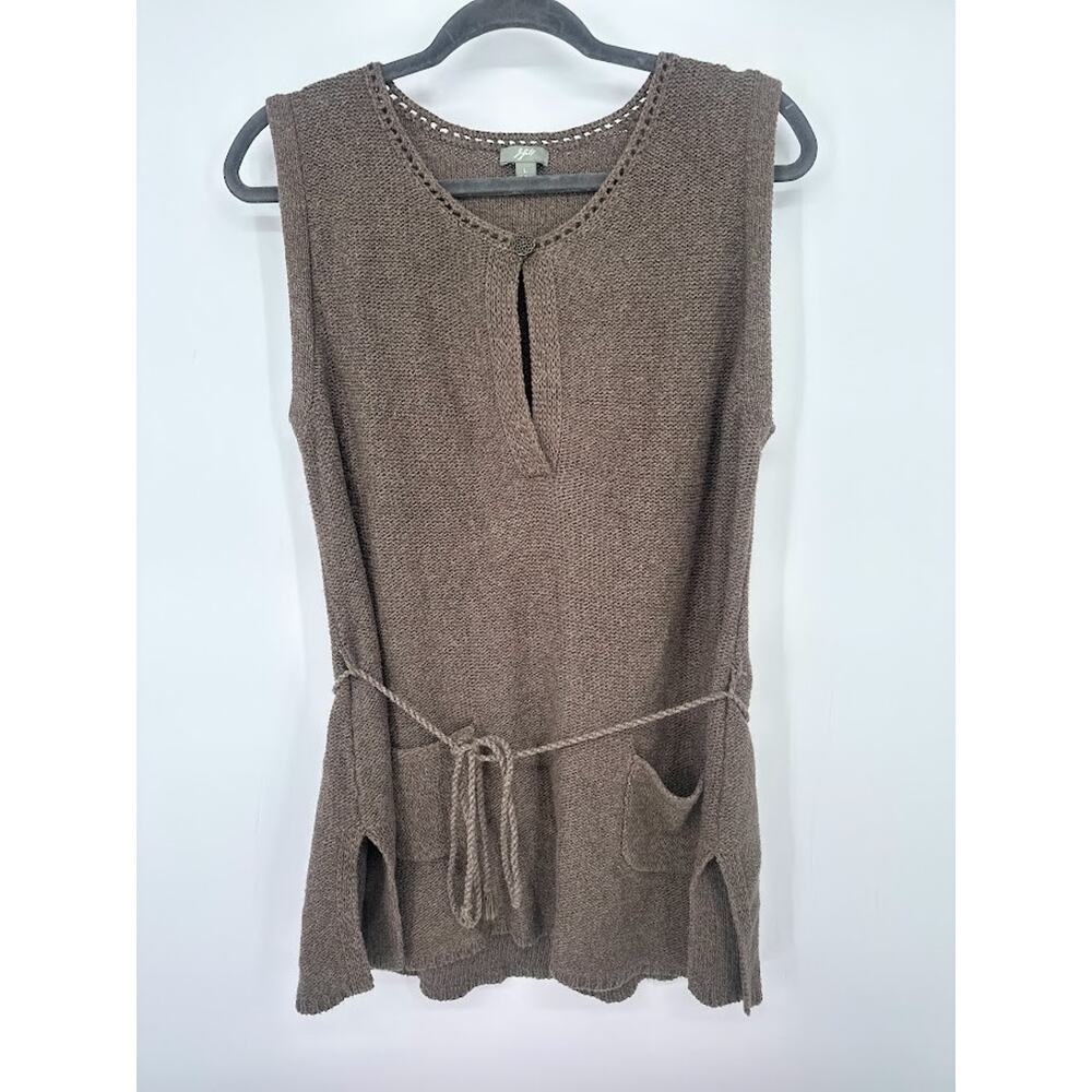J Jill Womens Large Two Pocket Brown Sweater Vest Belt Linen Blend Coastal Boho